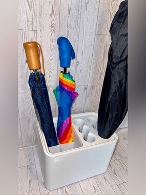 Compact white umbrella stand - for small and oversize umbrellas - 10 holders